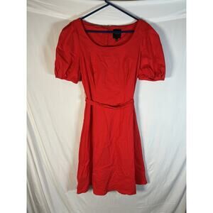 Alex Marie Size 10 Red Linen Blend Puff Sleeve Belted A-Line Midi Dress Summer